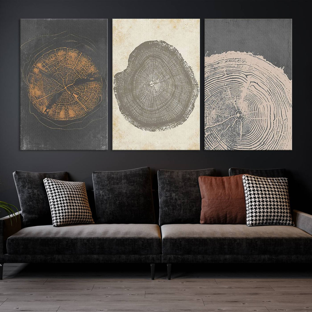 Boho Tree Ring Wall Art, Modern Minimalist Wood Grain Canvas, Tree Slice for Rustic Decor, Farmhouse Decor Giclee Canvas Print, Tree Ring Canvas Set