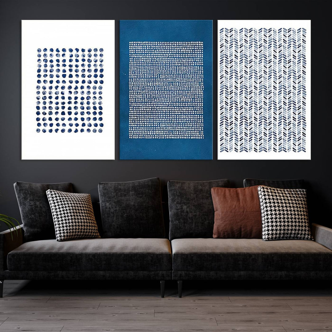 The modern living room is beautifully complemented by the "Canvas Print Wall Art Set Navy Blue White Geometric Dot Collage Abstract Illustr Art" on the wall. This art is printed on museum-quality canvas with a UV-protective coating for enhanced durability and vibrancy. Each piece is ready to hang, offering an effortless upgrade to your space.