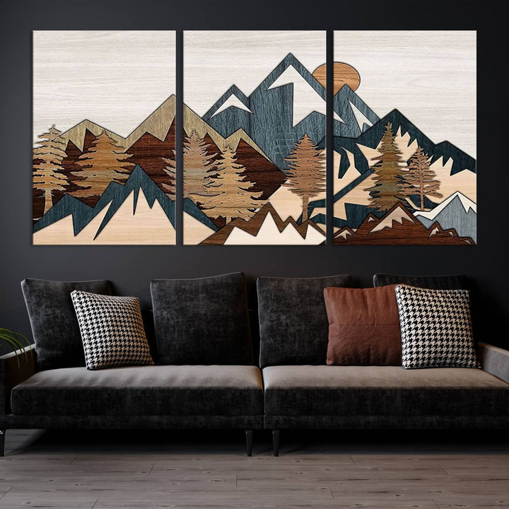 Woodland mountain landscape triptych on giclee canvas, perfect rustic wall art for modern home decor.