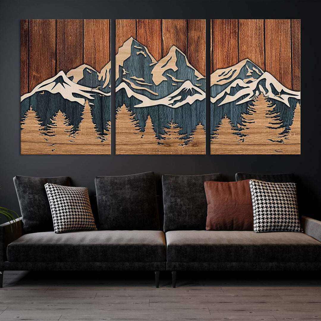 Rustic Wood Style Mountain Wall Art, Nature Forest Canvas Print, Wooden Textured Mountain Artwork, Handcrafted Landscape Decor for Farmhouse Decor