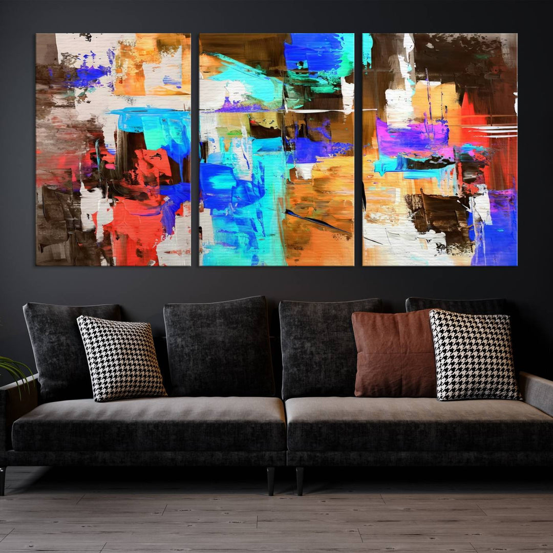 In a modern living room, the "Colorful Abstract Wall Art Canvas Print" serves as a stunning triptych centerpiece on museum-quality canvas, ready to hang. Its UV-protective coating ensures enduring vibrancy.