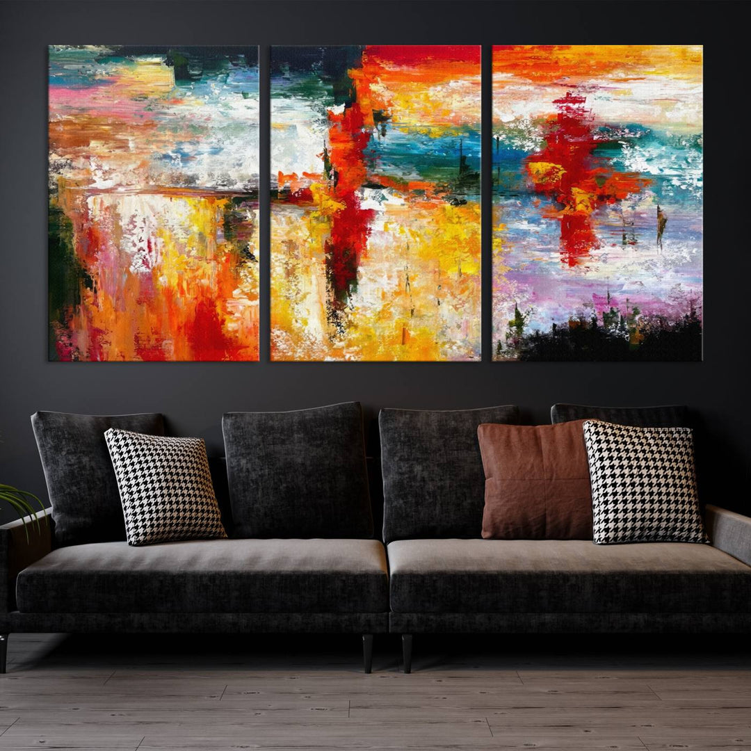 A Colorful Abstract Wall Art Canvas Print graces the wall, making this ready-to-hang masterpiece, complete with UV-protective coating, perfect for elevating any space with its vibrant allure.