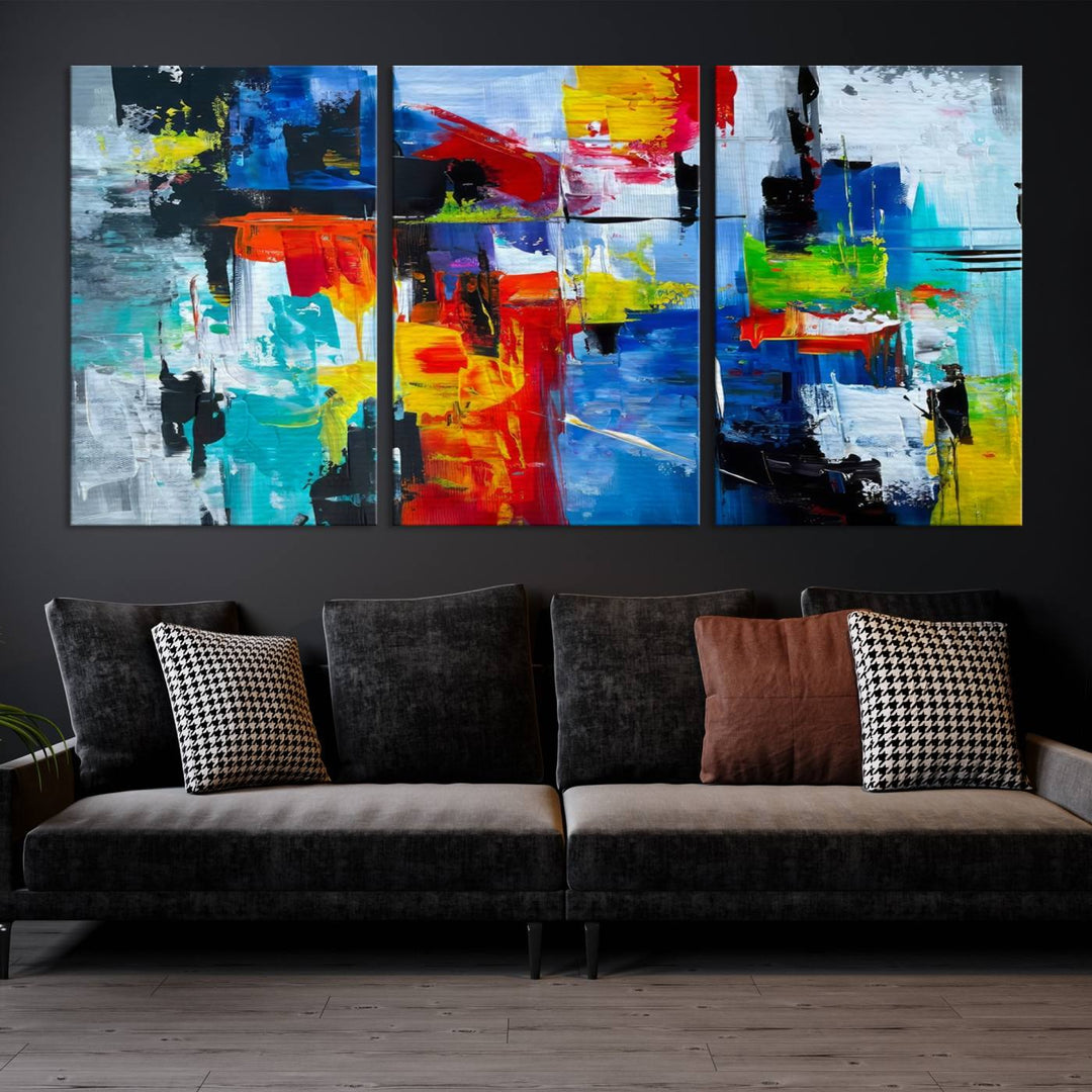 Three Colorful Abstract Wall Art Canvas Prints feature vibrant colors on museum-quality canvas and are finished with a UV-protective coating. Their ready-to-hang design allows for effortless transformation of your space.