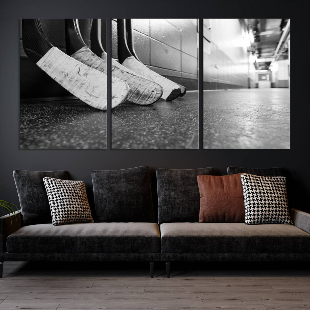 A living room featuring a large Ice Hockey Wall Art Canvas Print on gallery-wrapped canvas.