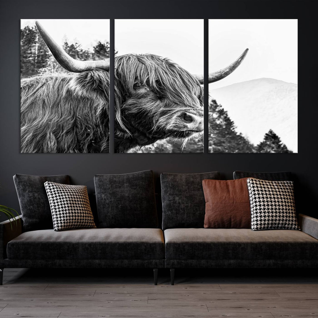 The Scottish Longhorn Wall Art Canvas Print features a highland cow with long horns and shaggy hair displayed on a museum-quality canvas. Equipped with a UV-protective coating for durability, it's ready to hang and enjoy for years to come.