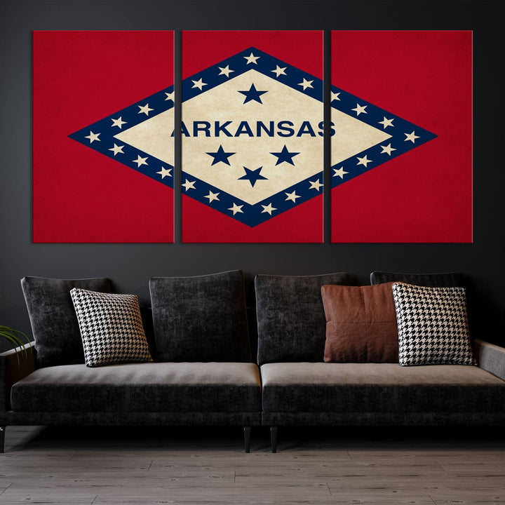 The Arkansas Flag Wall Art Canvas Print is displayed on gallery-wrapped, museum-quality canvases. Its vibrant colors are preserved by a UV-protective coating, ensuring long-lasting brilliance in your living space.