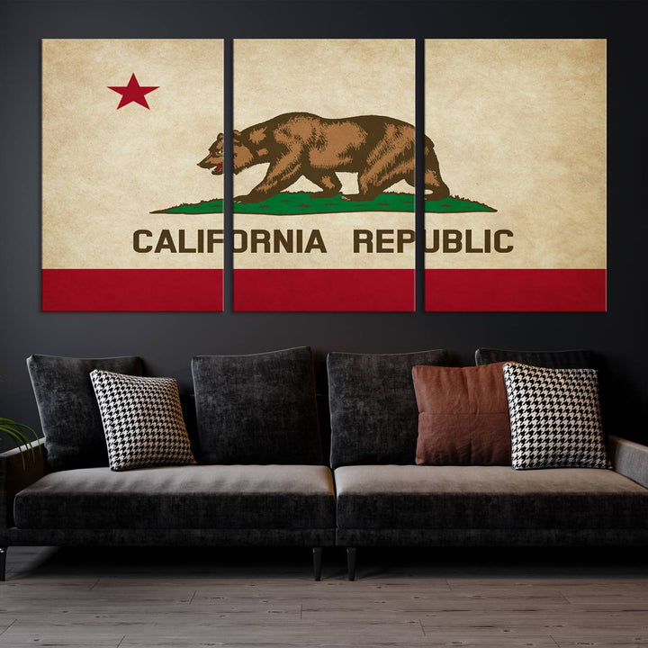 The Calinia States Flag Wall Art Canvas Print, featuring a bear and star design reminiscent of the California Republic flag, is crafted on museum-quality polycotton canvas with a UV-protective coating and is proudly made in the USA.