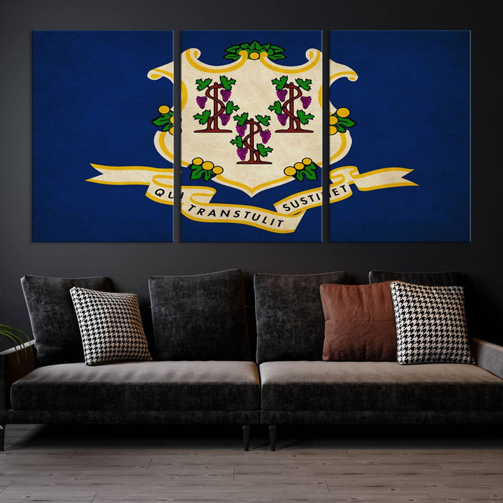 A "Size Connecticut States Flag Wall Art Canvas Print" hangs on the wall, its vibrancy preserved by a UV-protective coating.