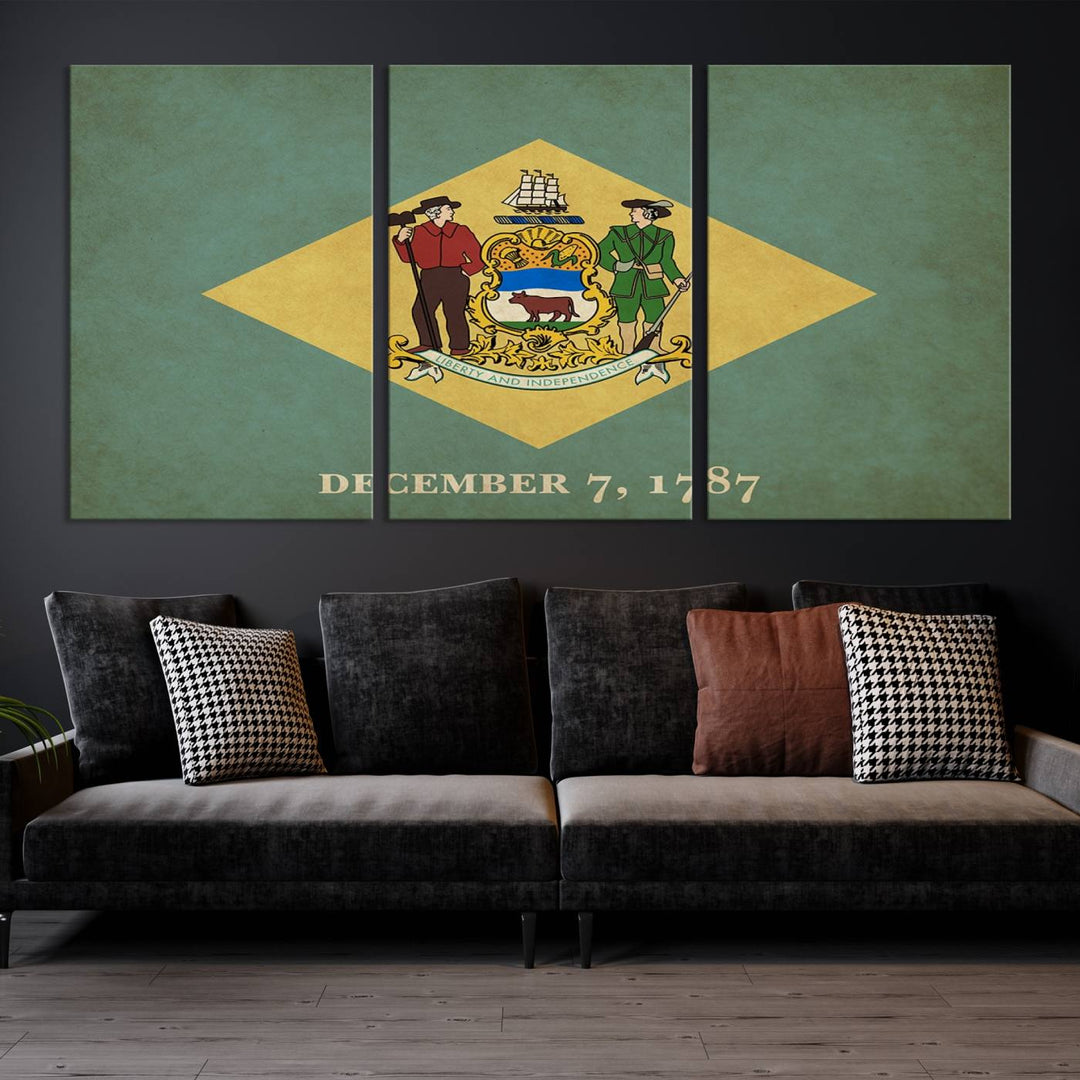 The Delaware States Flag Wall Art Canvas Print, featuring museum-quality material and a UV-protective coating, hangs elegantly, ready to be admired.