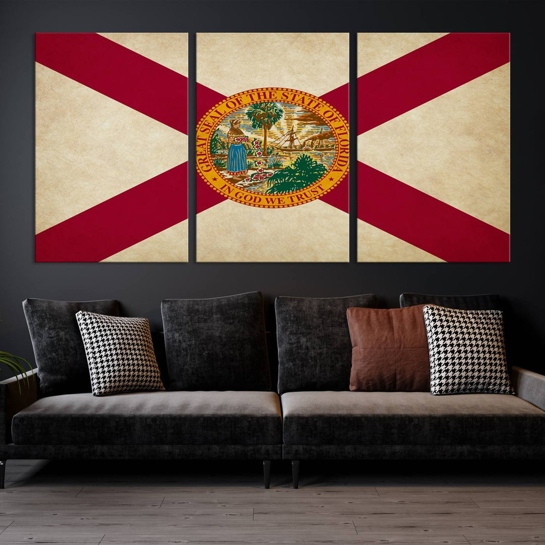 A Florida States Flag Wall Art Canvas Print, featuring a UV-protective coating for museum-quality preservation, is displayed.