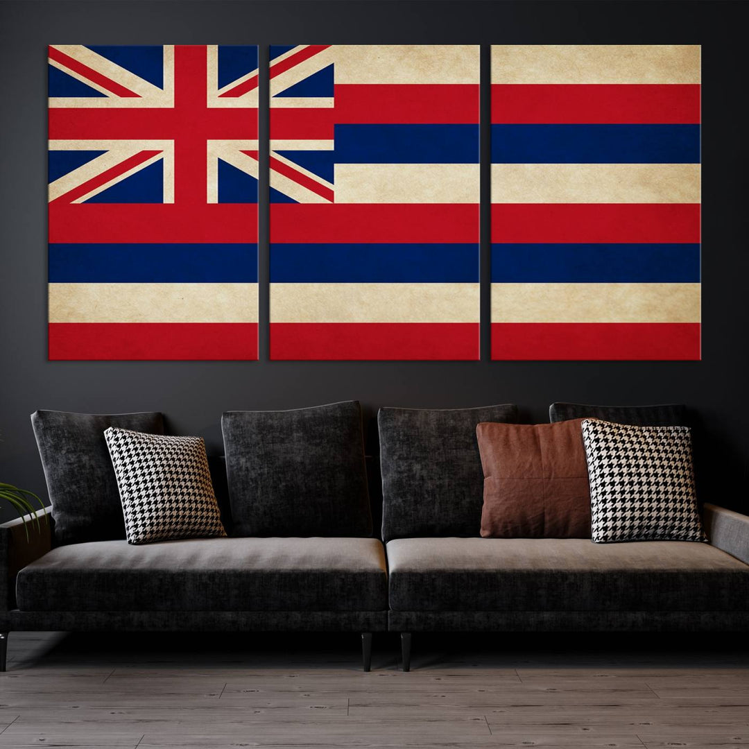 A stunning piece titled "Hawaii USA States Flag Wall Art Canvas Print" adorns the wall. This gallery-wrapped artwork is printed on museum-quality canvas and features a UV-protective coating, ensuring its vibrant colors remain timelessly beautiful.