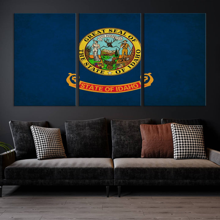 The Idaho USA States Flag Wall Art Canvas Print, featuring a UV-protective coating for lasting vibrancy, is ready to hang.