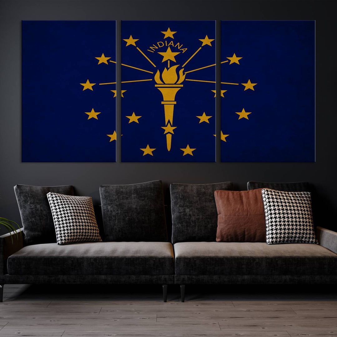 The Indiana States Flag Wall Art Canvas Print, featuring museum-quality canvas with a UV-protective coating, adorns the wall and brings an elegant and charming touch to your living space. Ready to hang, this piece becomes a standout feature in any room.