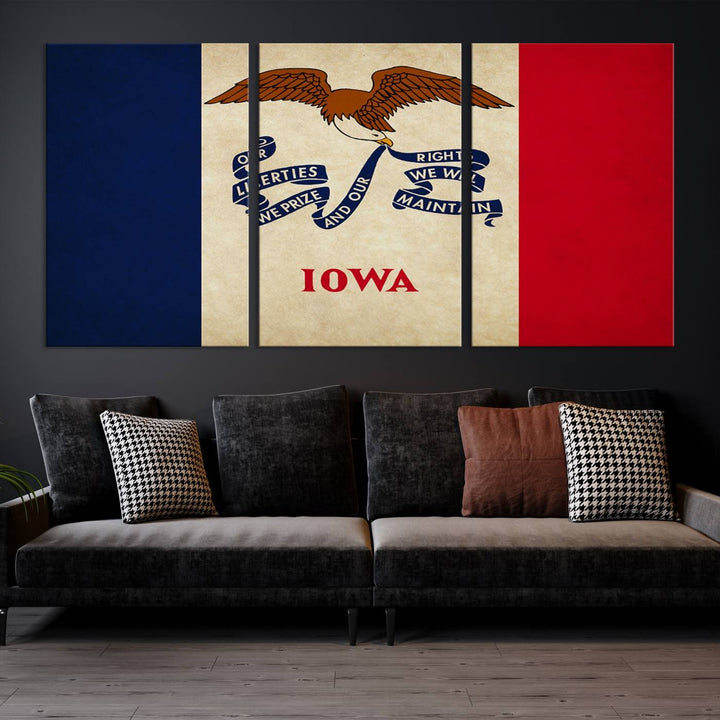 A beautiful Iowa States Flag Wall Art enhances the area, made on museum-quality canvas and boasting a gallery-wrapped design for enduring elegance.