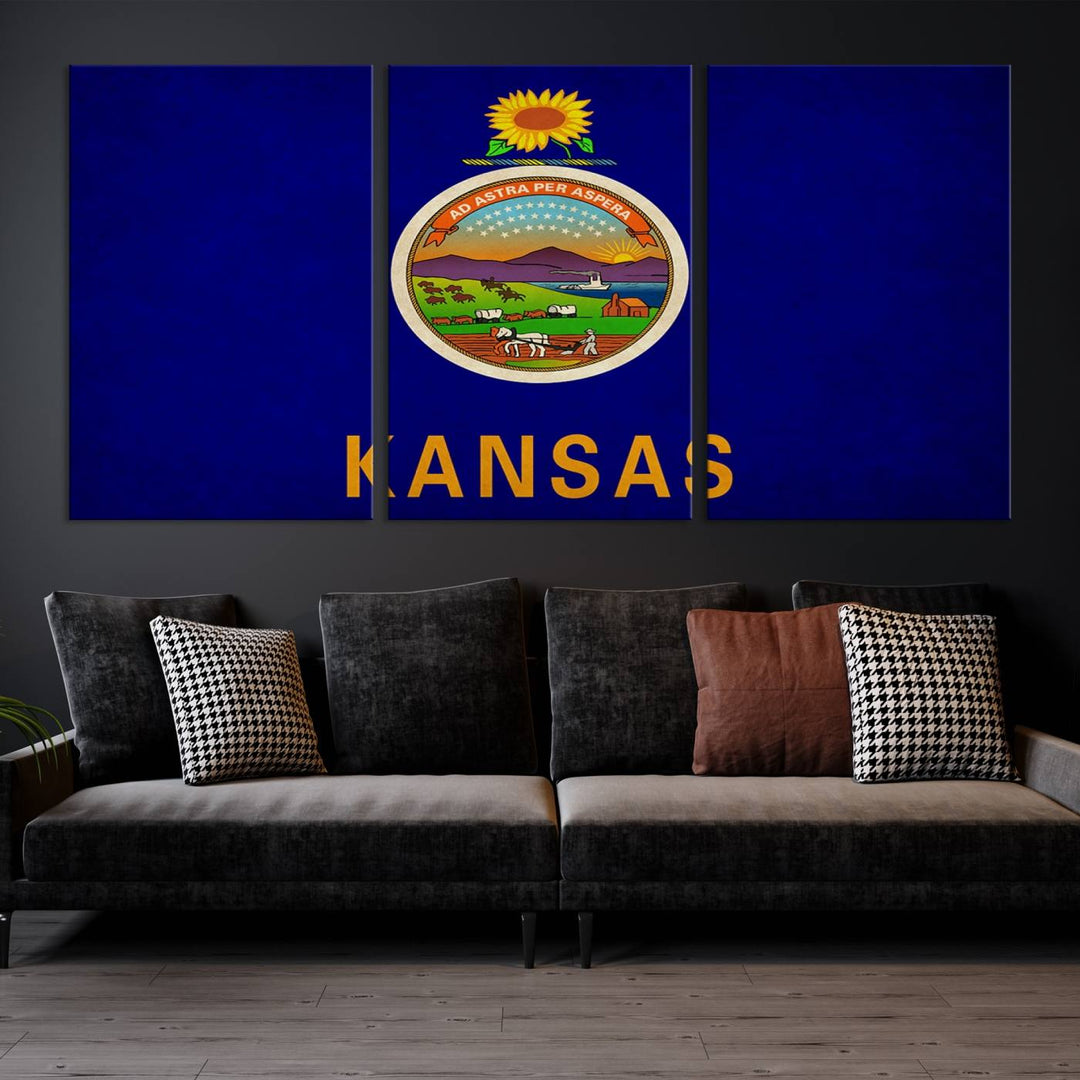 The "Kansas USA States Flag Wall Art Canvas Print" is prominently displayed.