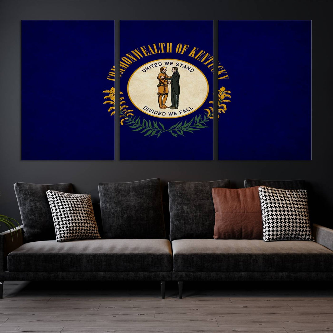 A museum-quality canvas of the Kentucky State Flag Wall Art graces the wall, featuring a UV-protective coating to maintain its vivid colors. Benefit from free shipping on this impressive home decor piece.