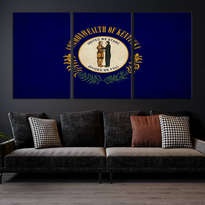 A museum-quality canvas of the Kentucky State Flag Wall Art graces the wall, featuring a UV-protective coating to maintain its vivid colors. Benefit from free shipping on this impressive home decor piece.