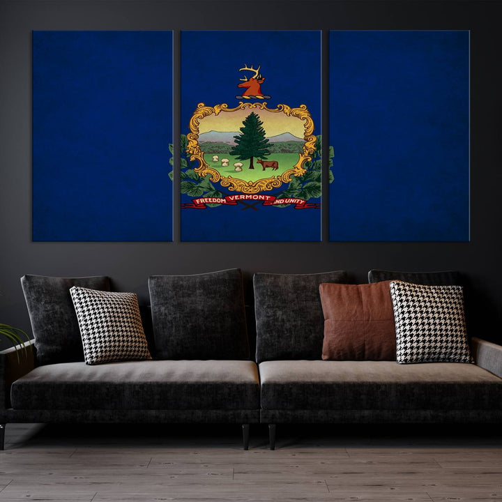 The Vermont Flag Wall Art Canvas Print is a museum-quality piece enhanced with UV-protective finishes, offering both style and durability. Enjoy free shipping on this classic decor addition.