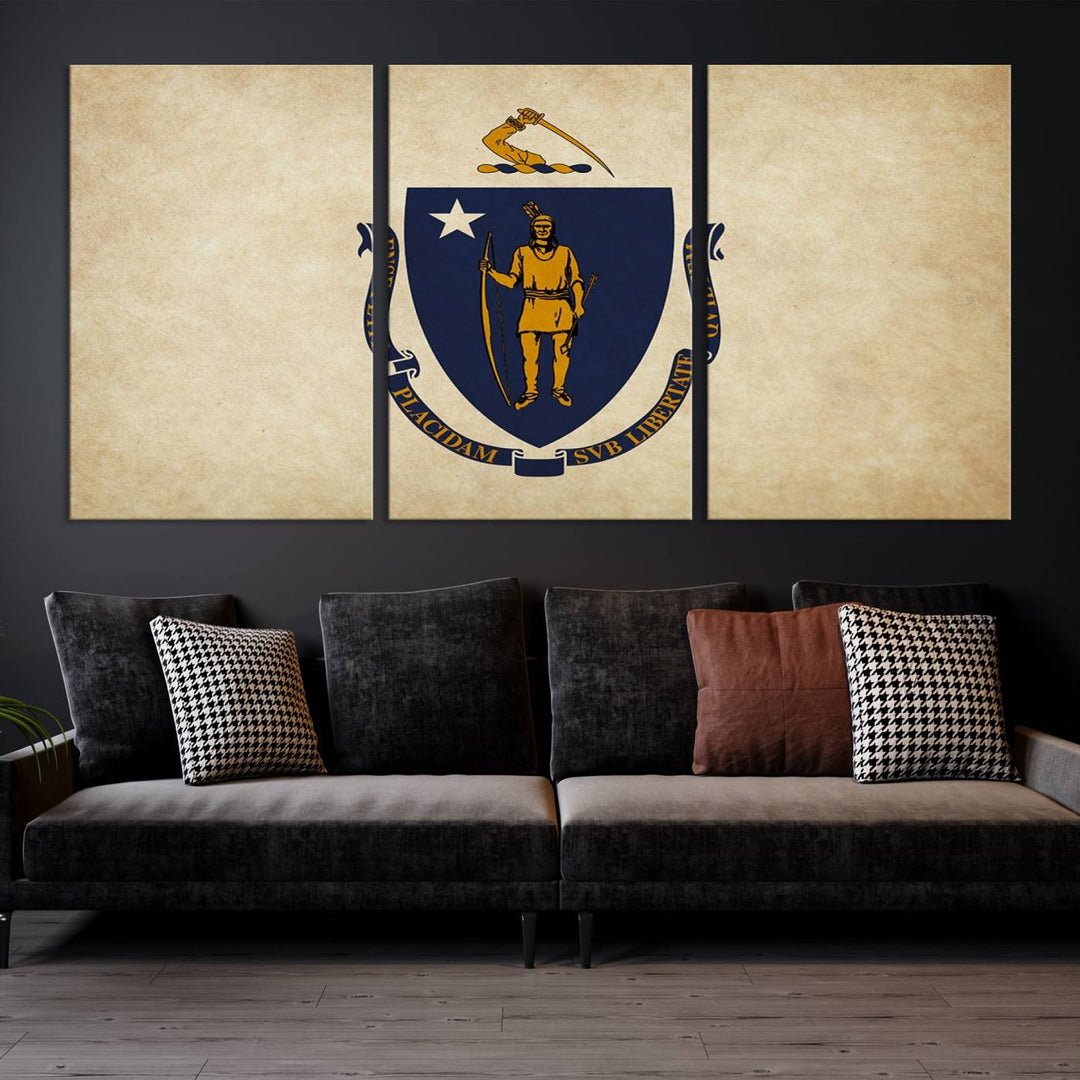 The Massachusetts State of Flag Wall Art Canvas Print, handcrafted on a museum-quality canvas with UV-protective coating, decorates the wall. It is ready to hang and adds a touch of elegance to the space.