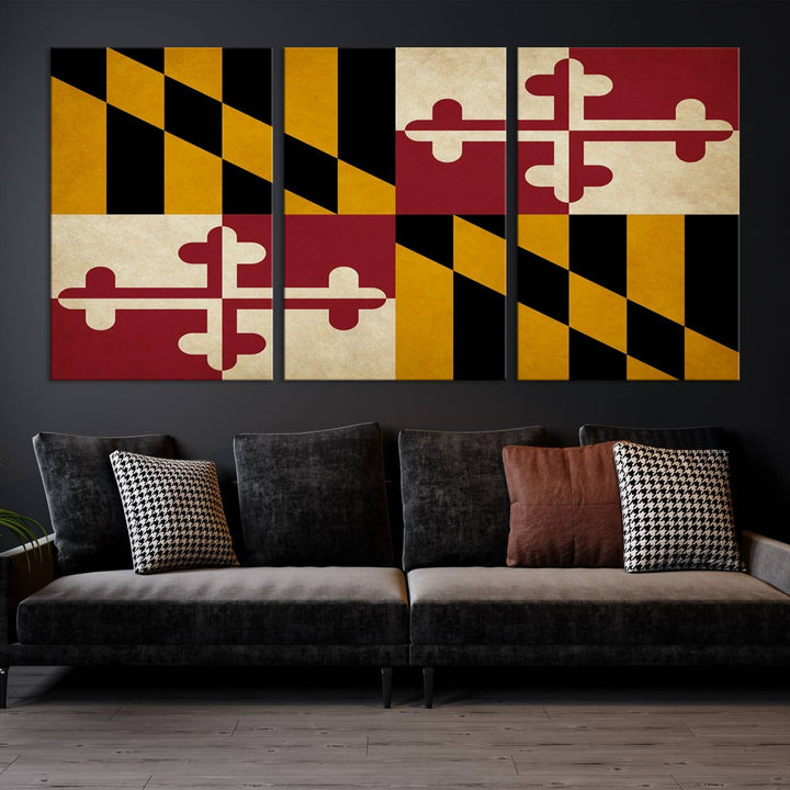 The Maryland Flag Wall Art Canvas Print, boasting a UV-protective coating for vibrant colors and durability, is a museum-quality piece offered with free shipping, making it the perfect addition to your space.