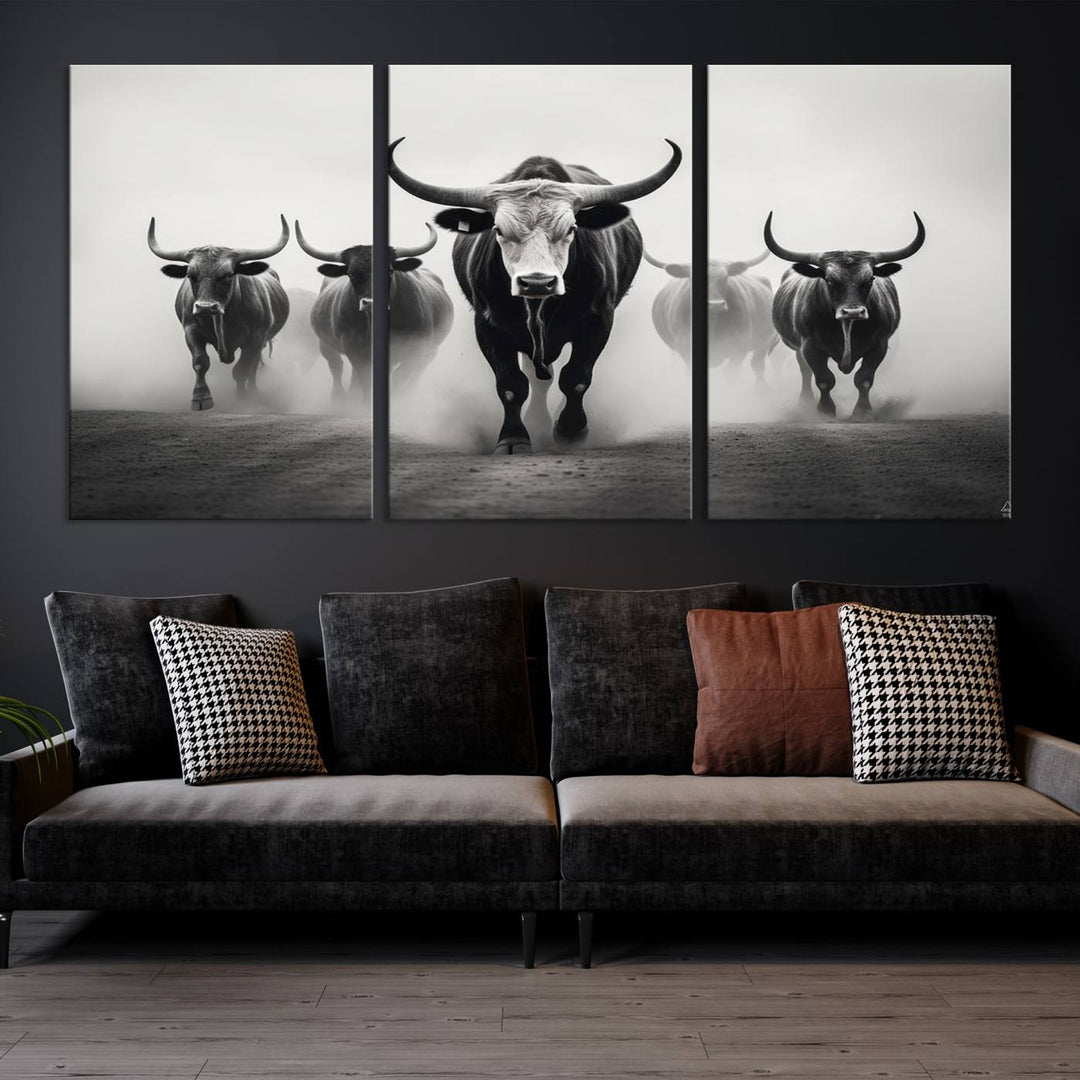 The Texas Longhorn Cow Animal Wall Art Canvas Print beautifully embellishes the area with its depiction of longhorn cattle in a misty setting, seamlessly integrating Western decor into the space.