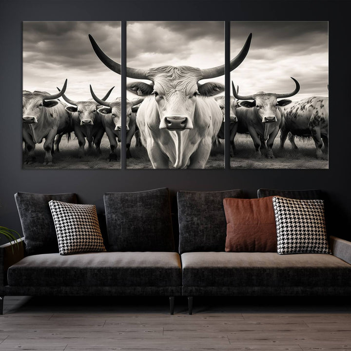 A Texas Longhorn Cow Animal Wall Art Canvas Print introduces a Western-themed accent.