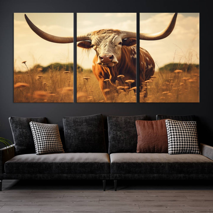 Cow Bighorn Wall Art Canvas Print, Longhorn Texas Cow Animal Canvas Print