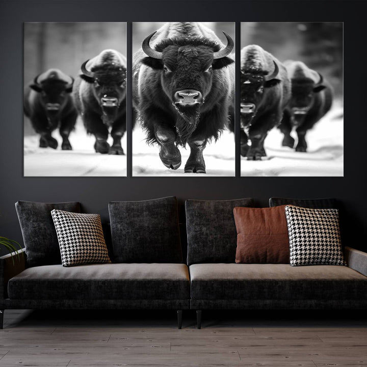 A modern living room features a striking black-and-white American Bison Art | Buffalo Herd Wall Art Canvas Print on the wall.