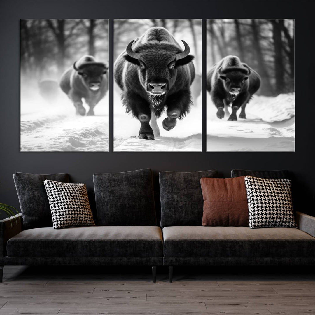 Transform your living room with the Buffalo Wall Art Canvas Print triptych, showcasing a bison family in motion across a snowy landscape. This striking Western decor piece becomes the focal point of any room.