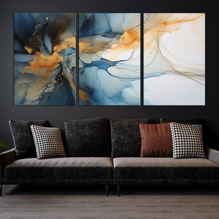 Art mural abstrait bleu marine orange, impression abstraite, impression sur toile abstraite