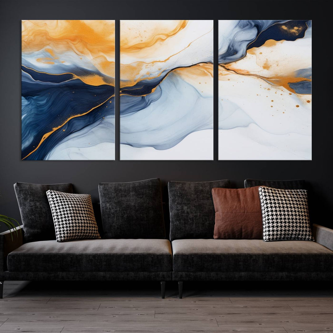 Modern living room featuring the 'Extra Large Orange Navy Blue Abstract Wall Art Canvas Print.'