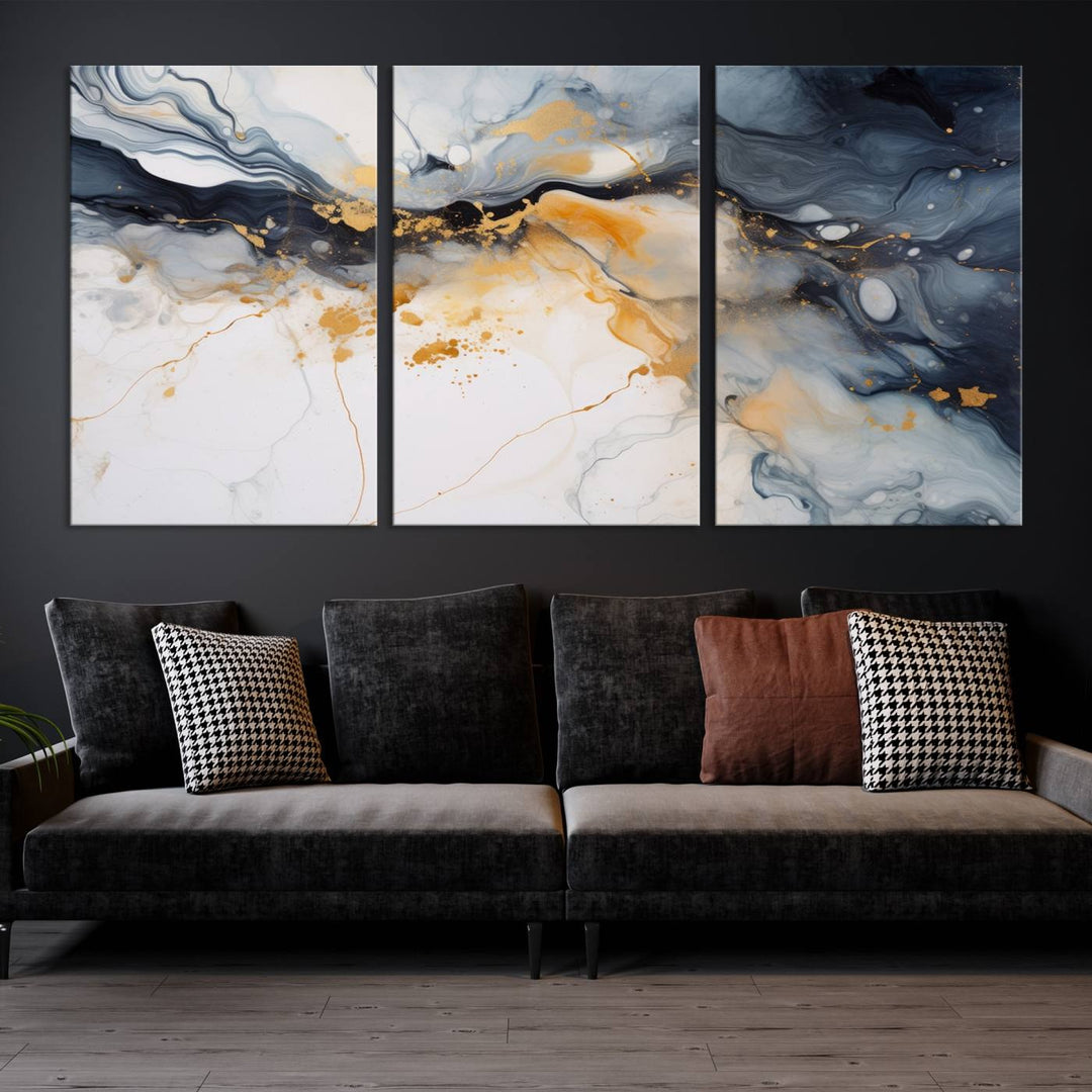 The Dark Blue and Orange Abstract Wall Art, featuring museum-quality canvas with captivating dark and golden swirls, is ready to hang and boasts a UV-protective coating to ensure enduring vibrancy and sophistication.