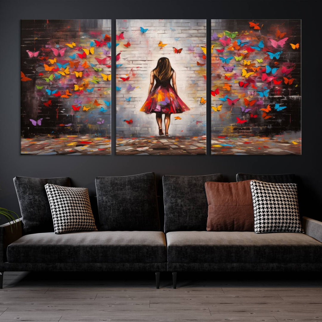 A vibrant artwork titled "Graffiti Wall Art Canvas Print Girl Butterfly Graffiti Abstract Canvas Print" is displayed above the couch. This gallery-wrapped masterpiece, printed on museum-quality canvas, features a UV-protective coating to preserve its vivid beauty.