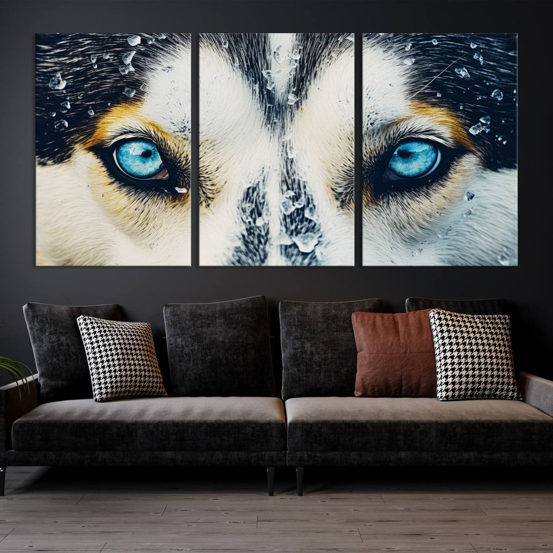 The captivating "Winter Siberian Husky Wolf EYE Wall Art Canvas Print" showcases the striking blue eyes of the animal portrait.