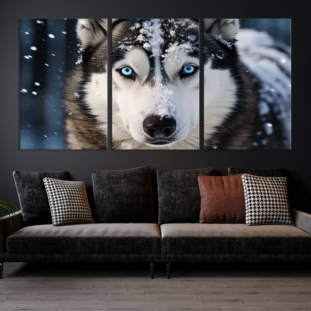 A digital art piece titled "Winter Siberian Husky Wolf Wall Art Canvas Print" showcases a blue-eyed husky blanketed in snow. Printed on high-quality canvas, it is an ideal choice for nature and dog enthusiasts.