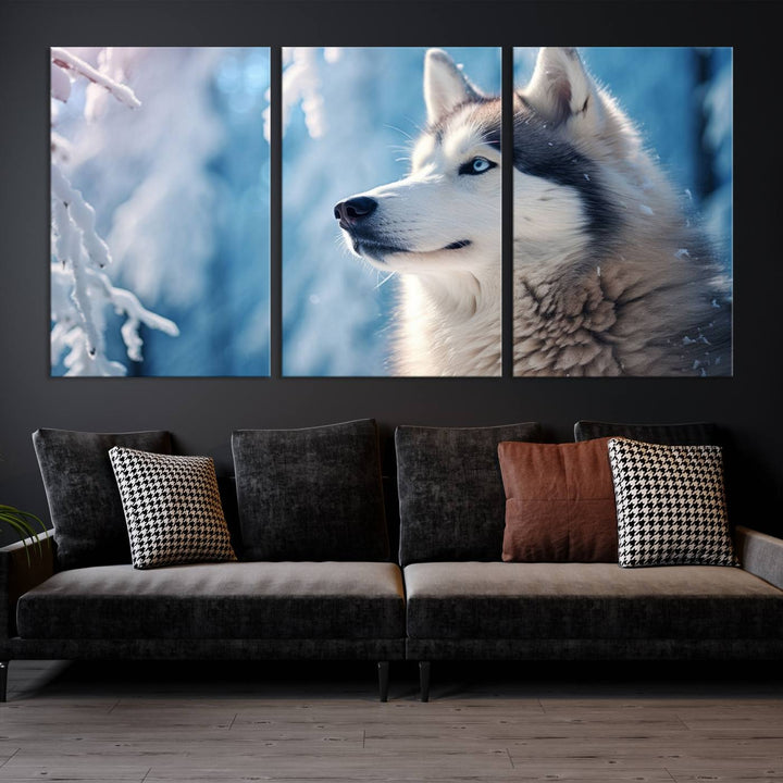 A captivating Winter Siberian Husky Wolf Wall Art Canvas Print hangs prominently.