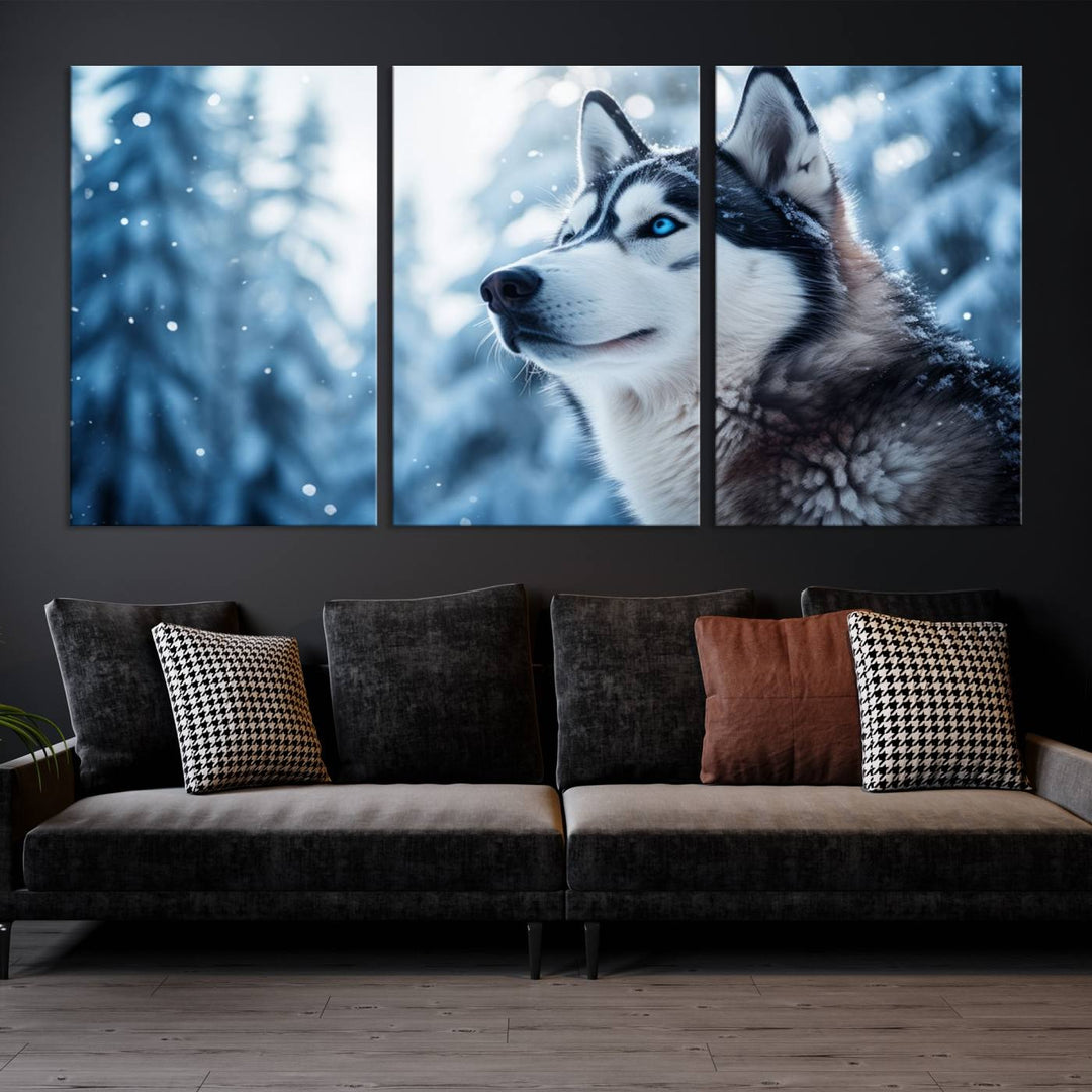 The "Winter Siberian Husky Wolf Wall Art Canvas Print" is elegantly displayed, enhancing the room's cozy ambiance in a snowy forest setting.