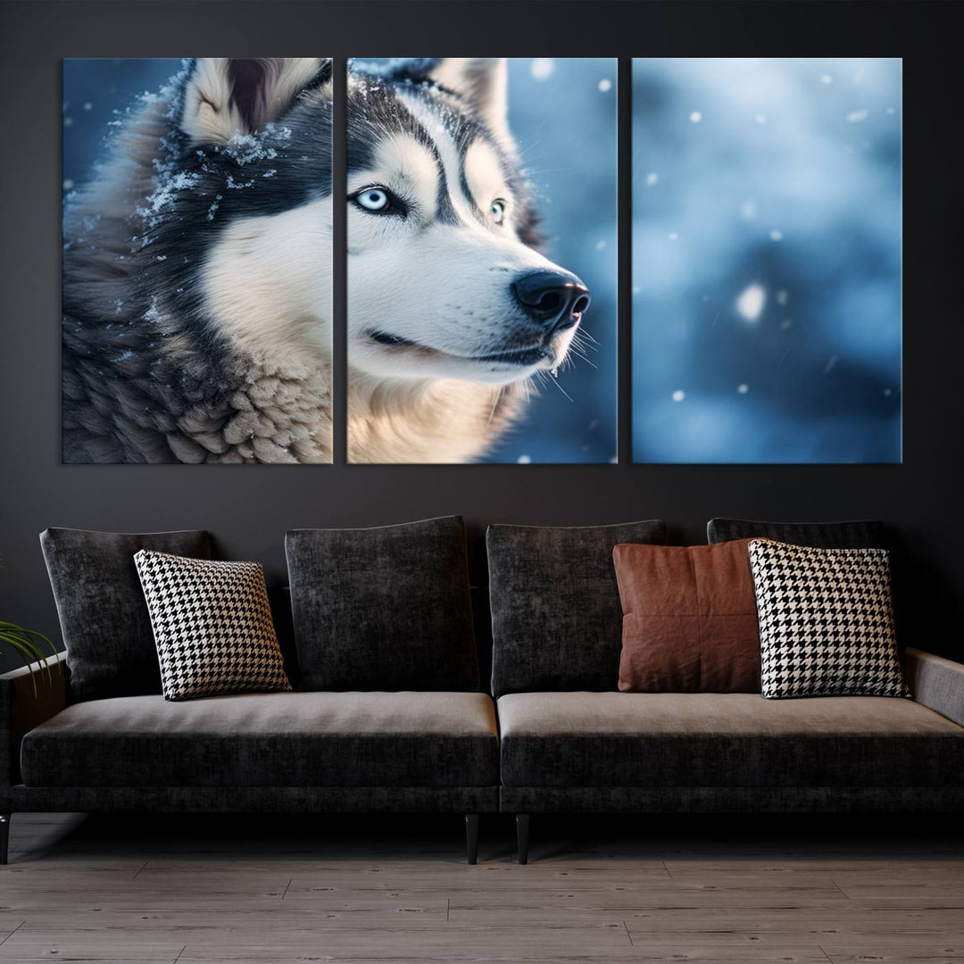 The space above the sofa features the Winter Siberian Husky Wolf Wall Art Canvas Print, creating a stunning snowy scene.