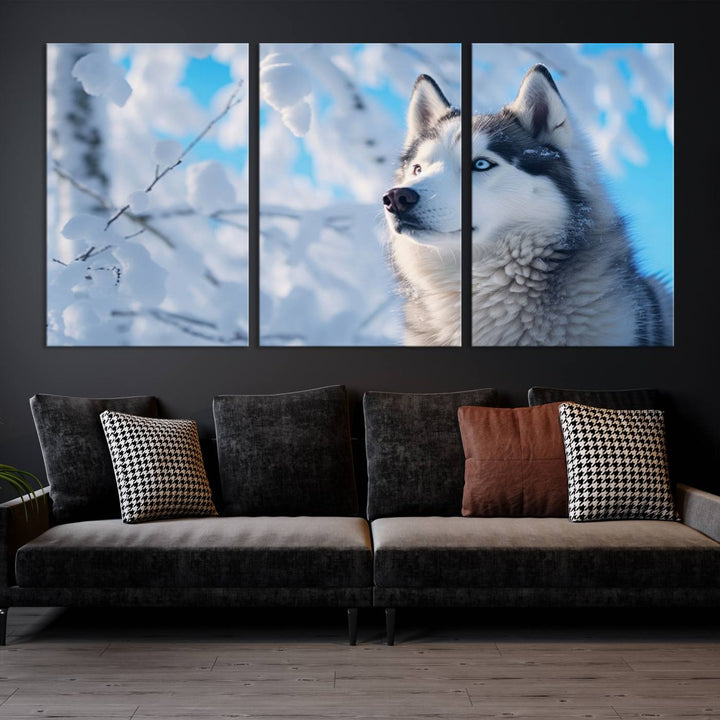 The Siberian Husky Art Canvas elegantly enhances the room.