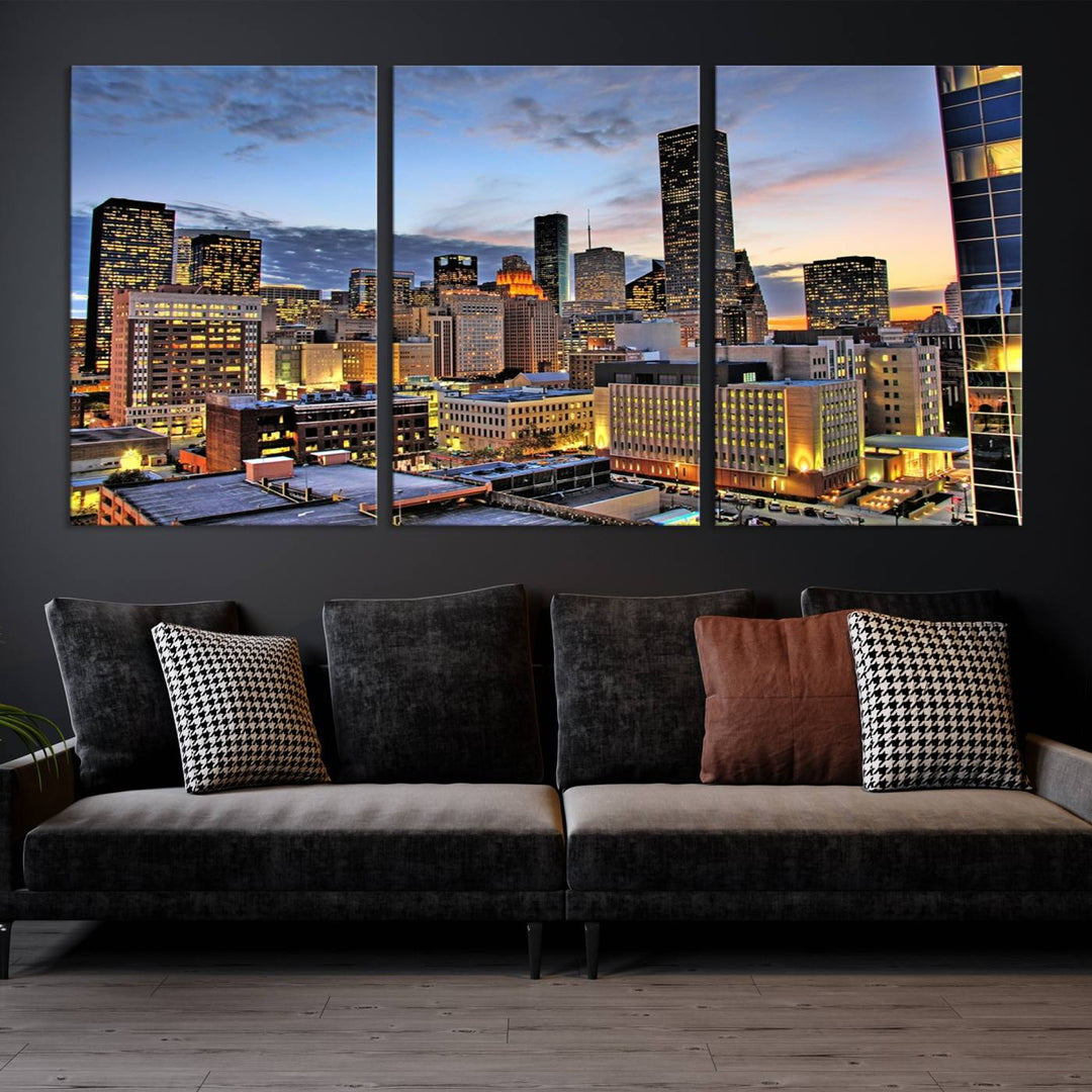 The modern living room features the Houston Wall Art Canvas Print on the wall. This professional craftsman framed masterpiece depicts a cityscape and is created with museum-quality polycotton canvas, ensuring a polished look that enhances its elegant charm.