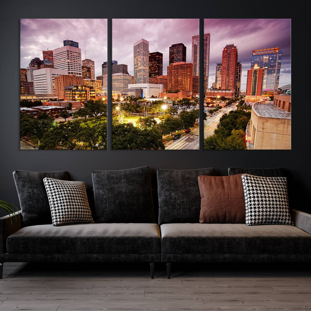 The Houston Wall Art Canvas Print in the living room displays a vibrant city skyline at twilight on museum-quality canvas with UV-protective coating.