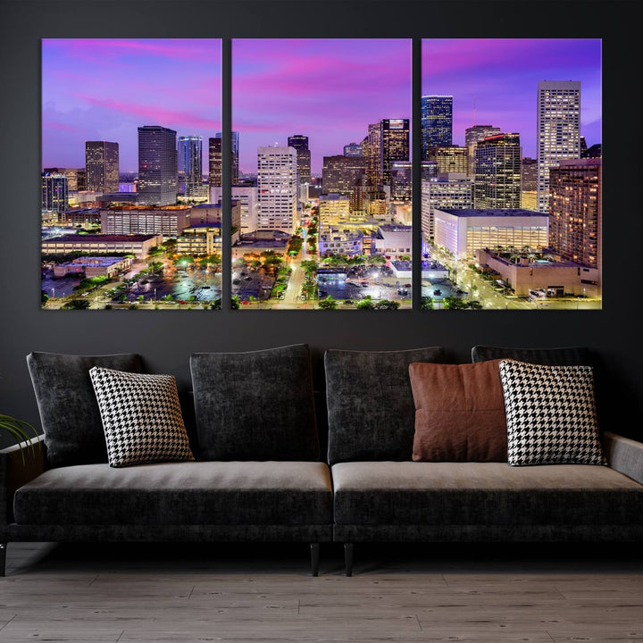 Houston Wall Art Canvas Print showcasing a vibrant cityscape at dusk on museum-quality canvas, expertly crafted by professional craftsmen.