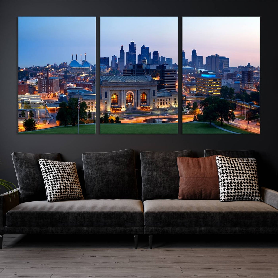 The Kansas City Skyline Canvas Wall Art Print hangs above, showcasing an iconic dusk cityscape with a historic building in the foreground, exuding urban sophistication.