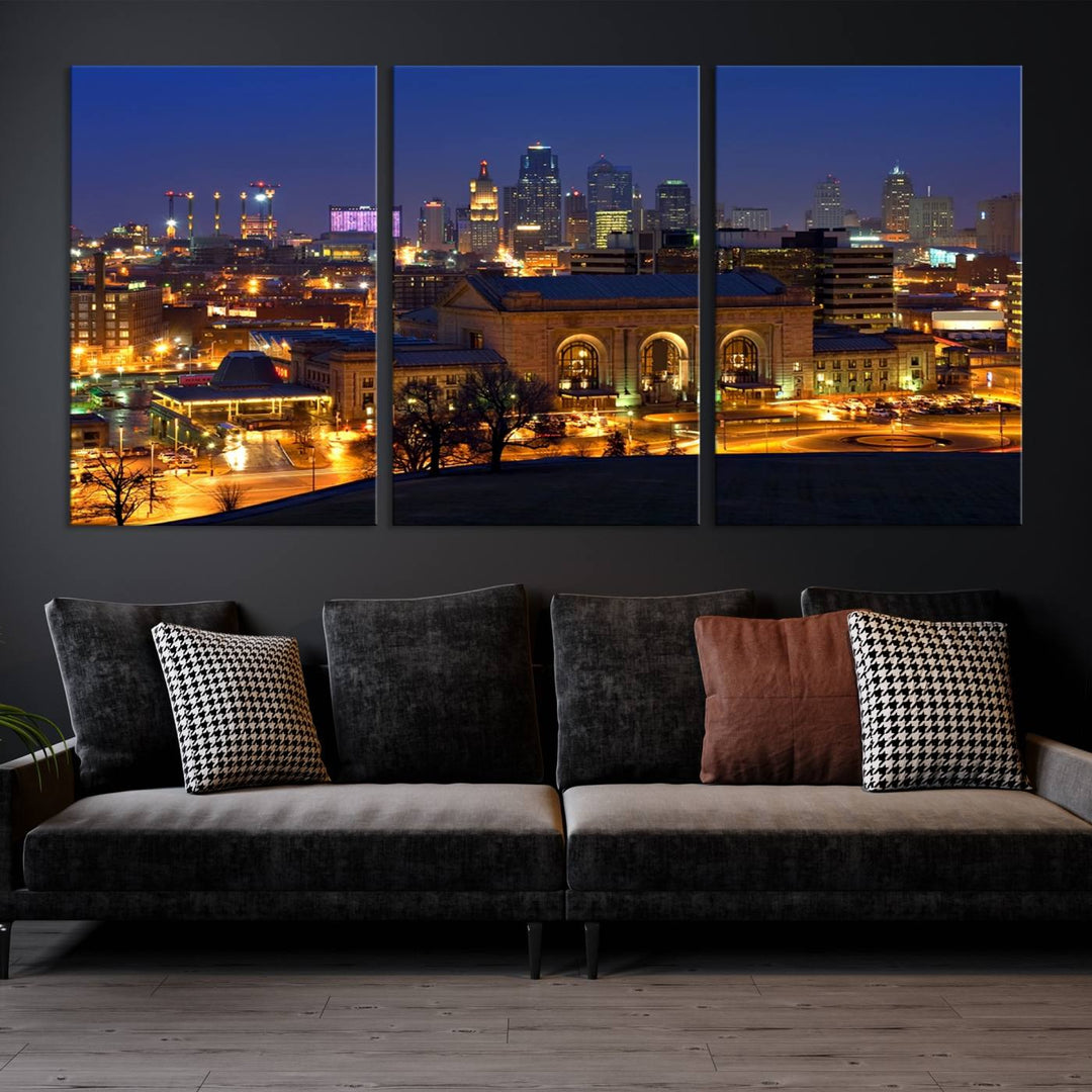 The Kansas City Night Canvas Print Wall Art creates a scene as captivating as museum-quality art, showcasing a city skyline at night with illuminated buildings.