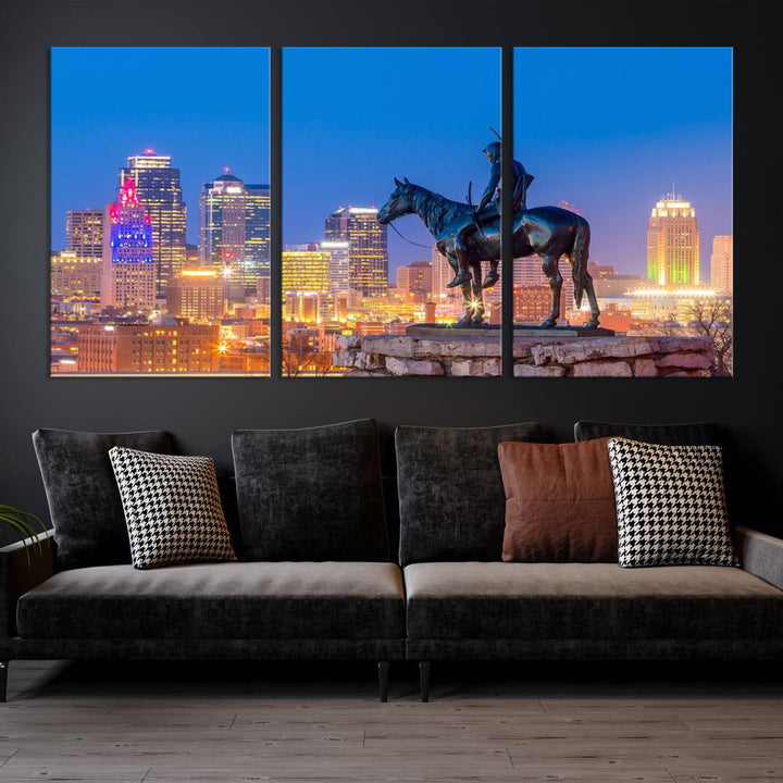 A large Kansas City Night Canvas Print Wall Art adorns the wall, gallery wrapped and finished with a UV-protective coating for lasting vibrancy.