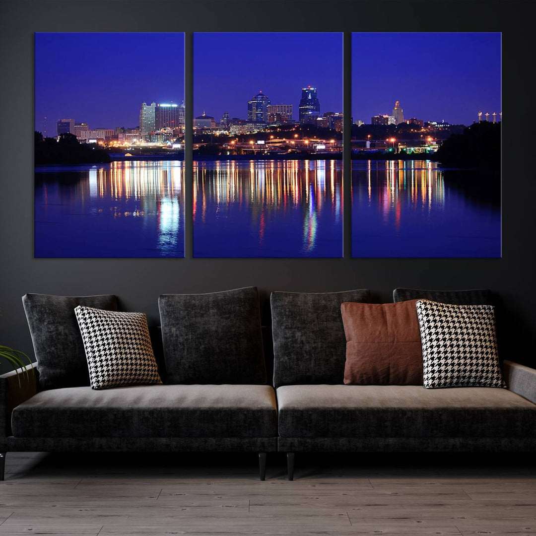 The Kansas City Night Canvas Print Wall Art captures the shimmering city skyline on the calm water, where every detail resembles a museum-quality polycotton masterpiece.