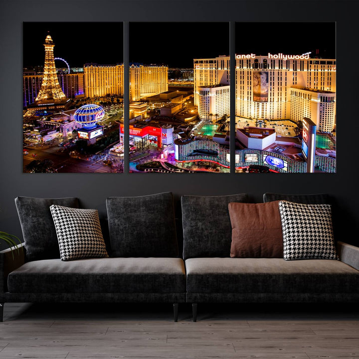 The Las Vegas Wall Art Canvas Print is a triptych set that showcases a stunning night view of Las Vegas. The illuminated buildings and the iconic faux Eiffel Tower add elegance to any space. Each piece comes with a UV-protective coating and is ready to hang, ensuring both style and durability.