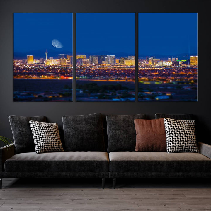 The Las Vegas Wall Art Canvas Print, depicting a city skyline at night, enhances a modern living room with its museum-quality canvas. This triptych comes ready to hang and boasts a UV-protective coating for lasting brilliance.