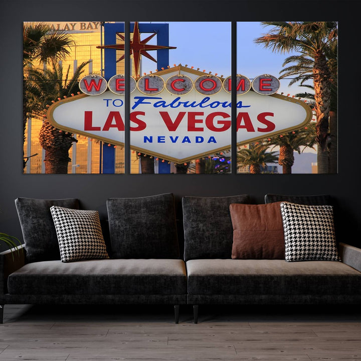 A Las Vegas Wall Art Canvas Print hangs on the wall, showcasing the iconic Welcome to Fabulous Las Vegas, Nevada sign. The museum-quality canvas guarantees vibrant colors with its UV-protective coating and is available with free shipping for added convenience.