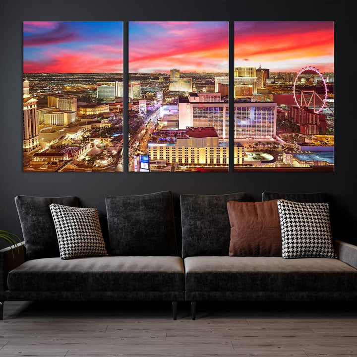 Las Vegas Wall Art Canvas Print depicting a vibrant cityscape at dusk on museum-quality canvas with a UV-protective coating, showcasing a skyline with colorful clouds.